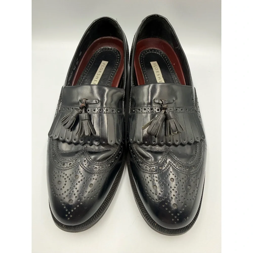Florsheim Wingtip Tassel Loafers Mens 8.5 D Black Leather Kiltie Brogue Shoes